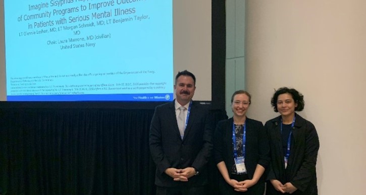 LT Benjamin Taylor, LT Morgan Schmidt, and LT Glennie Leshen present a model program at NMCSD to care for individuals with severe, persistent mental health illness at the 2023 American Psychiatric Association's Annual Meeting