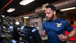 Chief Master-at-Arms Ryan Westfield runs on a treadmill during a Navy physical readiness test 