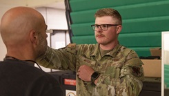 U.S. Air Force Senior Airman Thomas Moore, an optometry technician assigned to the 90th medical group, Wyo., measures a local resident for a new pair of glasses during Operation Healthy Tennessee. (U.S. Air National Guard photo by SSgt. Sarah Stalder Lundgren)