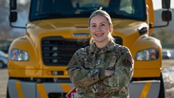 U.S. Air Force 2nd Lt. Alexandra R. Roque, vehicle maintenance flight commander of the 11th Logistics Readiness Squadron, poses for a photo in front of an aircraft refueler at Joint Base Anacostia-Bolling