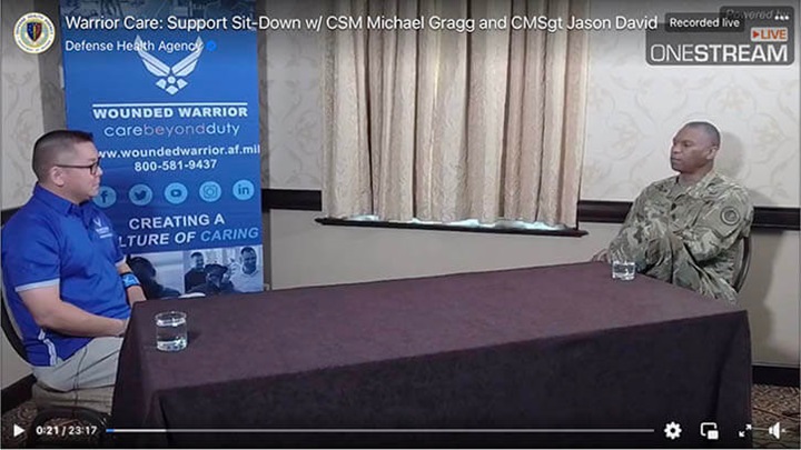 Image of Air Force Chief Master Sgt. Jason David talks about his  journey of recovery through the Air Force Wounded Warrior Program during a video conversation with Defense Health Agency Command Sgt. Major Michael Gragg.