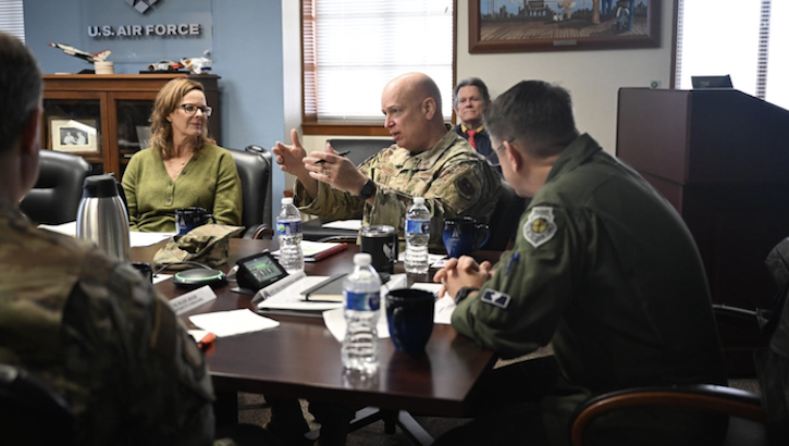 Maj. Gen. Thomas Harrell, director, Defense Health Network Central, Defense Health Agency; director, San Antonio Market; commander, 59th Medical Wing; and the lead for Air Force Medical Agency Alpha, responds to a question about healthcare access for recruiters during a meeting at Joint Base San Antonio-Randolph, Texas, Jan. 11, 2024. (Defense Health Agency photo by Brian J. Valencia)