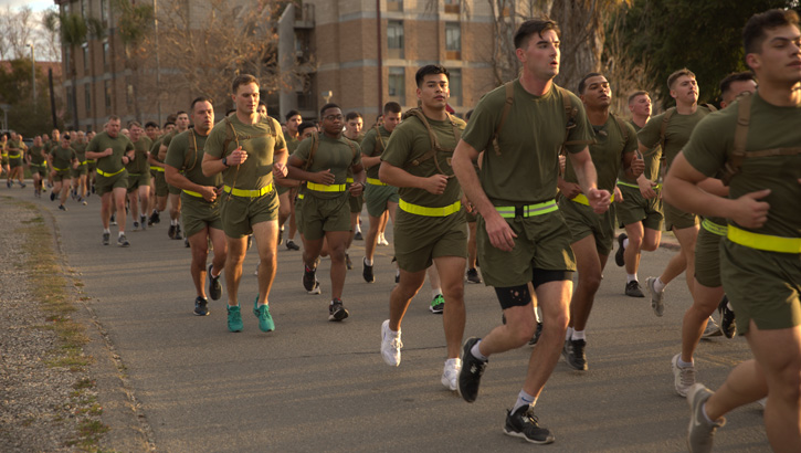 Image of Marines with 11th Marine Regiment, 1st Marine Division, participate in a regimental run to celebrate St. Barbara’s Day at Marine Corps Base Camp Pendleton, California, Jan. 13. Click to open a larger version of the image.