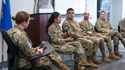 U.S. Space Force Capt. Kathryn Odom, Space Delta 5 Future Operations Division synchronization section chief, shares her experience with telehealth during a medical panel