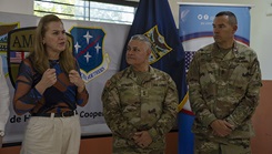 Paraguayan Minister of Health Dr. Maria Teresa Baran delivers remarks during a donation ceremony at the Unidad de Salud de la Familia Tarumandy in Luque, Paraguay