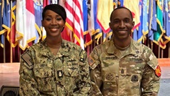 Twins, U.S. Navy Senior Chief Hospital Corpsman Vanessa Green, senior enlisted leader, education and training, Naval Medical Forces Development Command, and U.S. Army Environmental Command Command Sgt. Maj. Vincent Green pose for a photo
