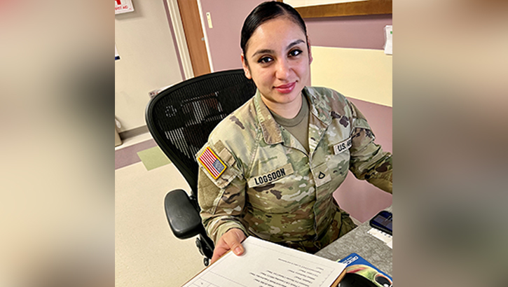 U.S. Army Pfc. Trisha Logsdon, a behavioral health specialist at Bayne-Jones Army Community Hospital, uses a vectoring questionnaire as part of her preliminary assessment to match an individual’s needs with the right resource at the Joint Readiness Training Center and Fort Johnson, Louisiana. (Photo by Jean Graves/Medical Readiness Command, West)
