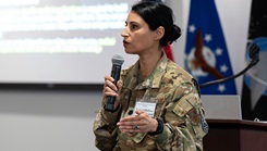 U.S. Air Force Lt. Col. Kieran Dhillon, director of USSF psychological health, describes her role in developing mental health policies to support unique operational demands of Guardians during the inaugural Space Force Medicine Stakeholder Summit