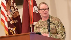 U.S. Army Col. Amy Hadsall giving a speech