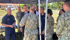 Maj. Gen. John Murray, Joint Staff surgeon, Adm. Brian Christine, assistant secretary for Health and head of the U.S. Public Health Service Commissioned Corps and the Honorable Keith Bass, assistant secretary of defense for Health Affairs, receive briefs during an Ebola response training visit