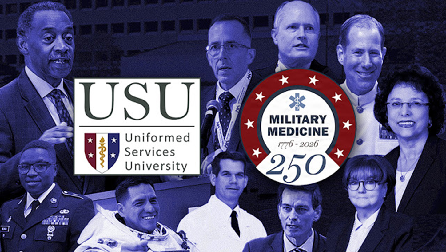 Top row, from left: USU President Dr. Jonathan Woodson; College of Allied Health Sciences Dean Dr. James Nash; Postgraduate Dental College Dean Dr. Drew Fallis; F. Edward Hébert School of Medicine Dean Dr. Eric Elster; and Daniel K. Inouye Graduate School of Nursing Dean Dr. Carol Romano. Bottom row, from left: Army Staff Sgt. Luka Ndungu; Army Col. Dr. Frank Rubio; Murtha Cancer Center Research Program Director Dr. Craig Shriver; ARMORR Director Dr. Paul Pasquina; and Interim Vice President for Research Dr. Laura Brosch.