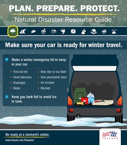 Make sure your car is ready for winter travel, and make an emergency kit to keep in your car.  