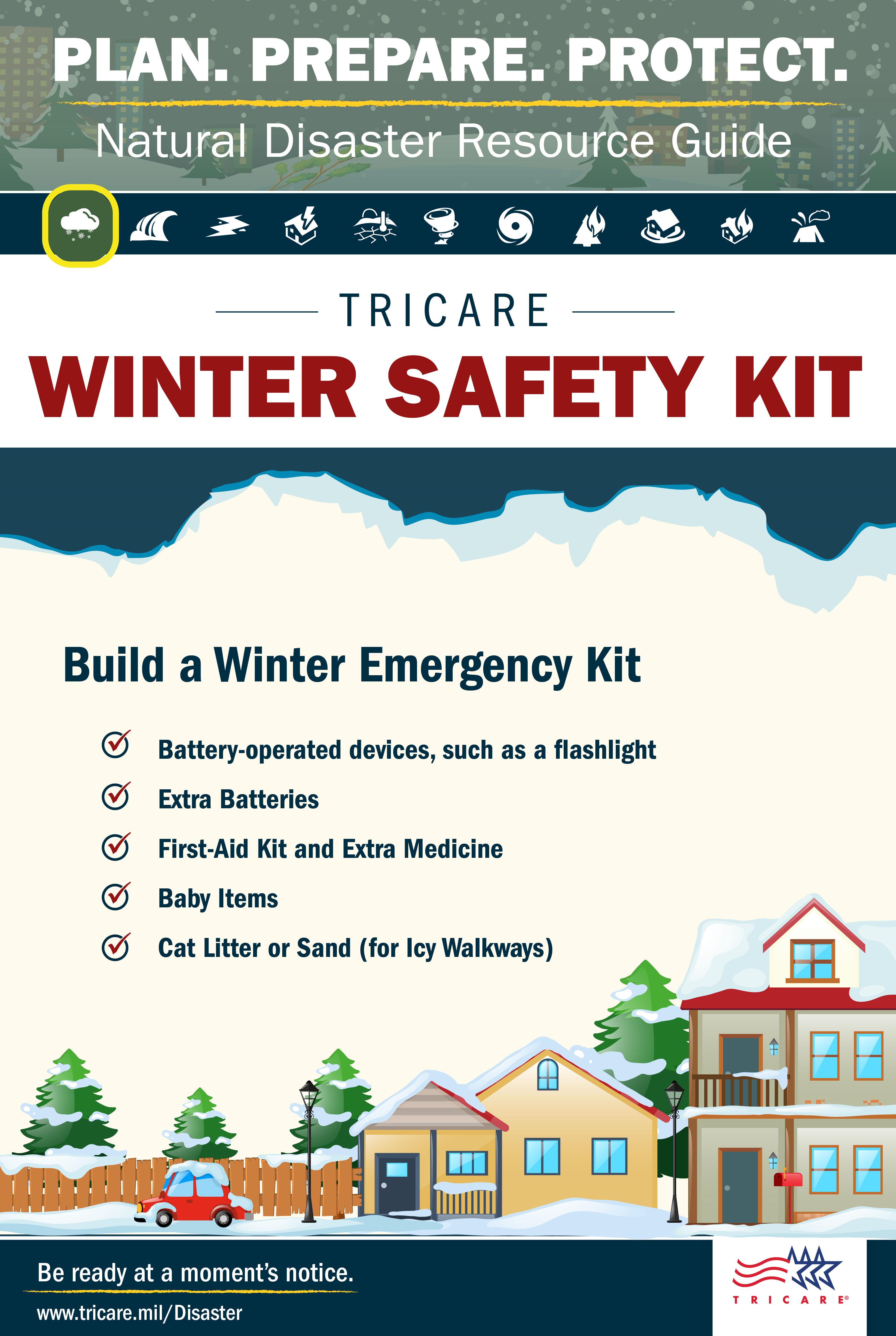 Build a winter emergency kit that includes: battery-operated devices, extra batteries, a first-aid kit, extra medicine, baby supplies, and cat little or sand (for icy walkways) 