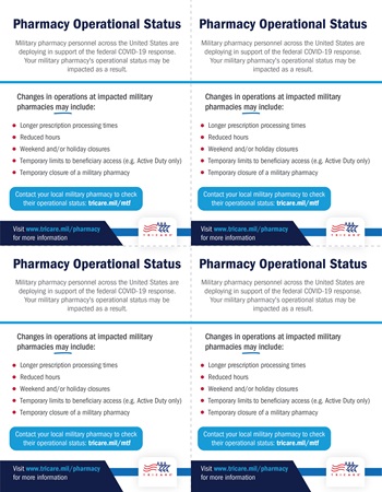 Handout indicating that your military pharmacy and text explaining that your military pharmacy operations may be impacted due to personnel deployments for the federal COVID-19 response, including increased processing times, reduced hours, weekend closures, temporary access limits, and temporary closures