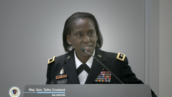 U.S. Army Maj. Gen. (Dr.) Telita Crosland at podium
