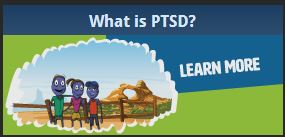 Image of cartoon family with text that reads What is PTSD?, Learn More.