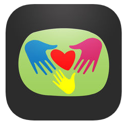 Image of drawing of three multi colored hands surrounding a heart against a green background
