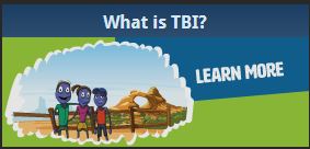 Cartoon family poses for a picture, text reads What is TBI? Learn More