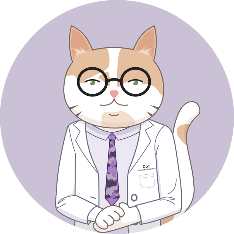 Cartoon cat in doctor lab coat wearing glasses with a name tag that reads DOC